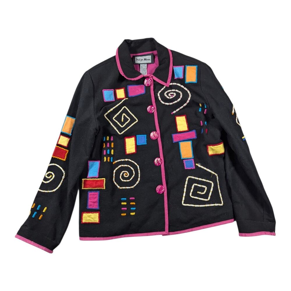 Vtg 1990s Indigo Moon Black Pink Geometric Applique Collared Cotton Jacket Sz S